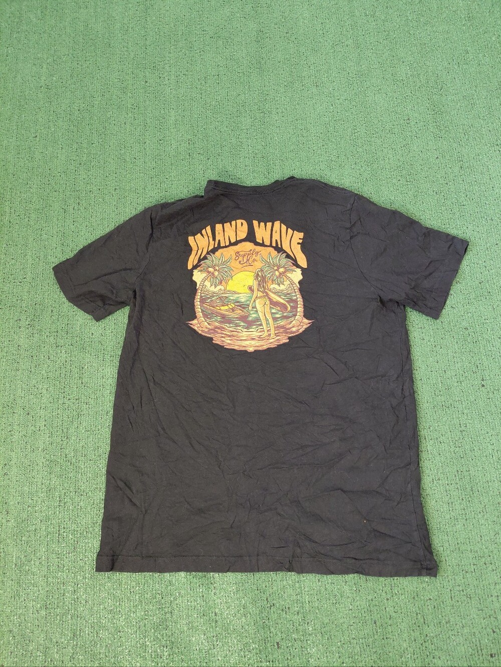 Inland Wave Supply Co Beach Surfing Ocean Black T Shirt Sz XL